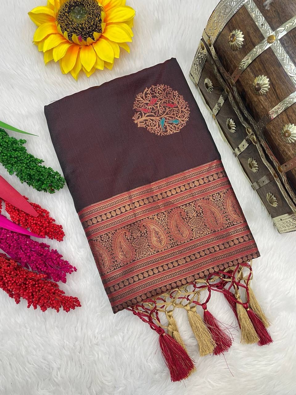 Exceptional Brown Soft Banarasi Silk Saree With Enthralling Blouse Piece