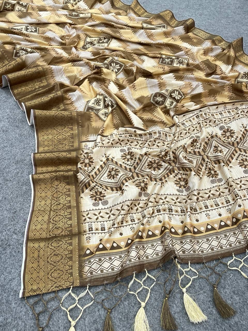 Breathtaking Brown Digital Printed Dola Silk Saree With Ornate Blouse Piece