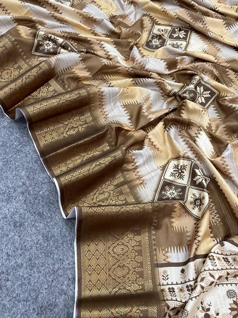 Breathtaking Brown Digital Printed Dola Silk Saree With Ornate Blouse Piece