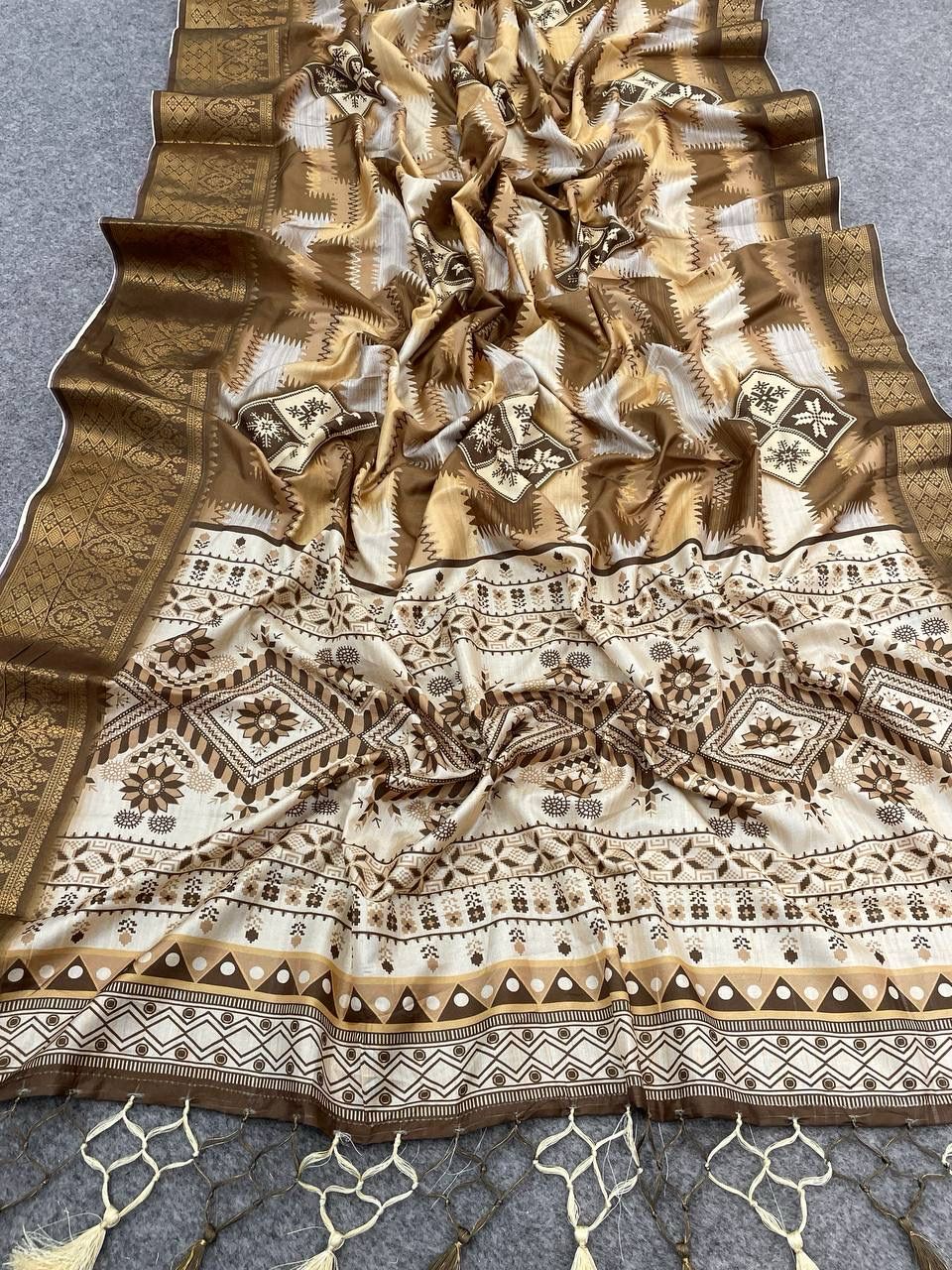 Breathtaking Brown Digital Printed Dola Silk Saree With Ornate Blouse Piece