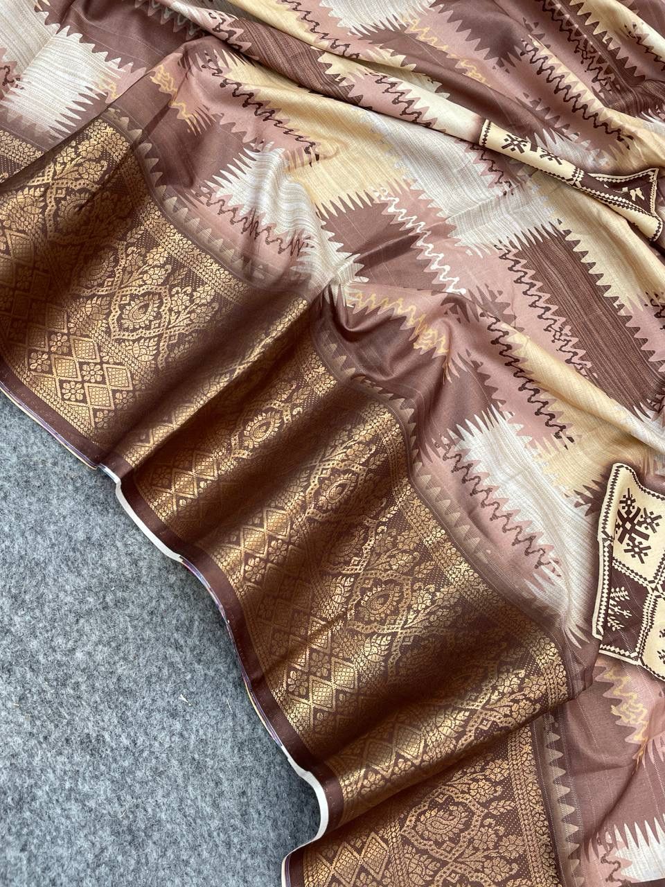 Demanding Copper Digital Printed Dola Silk Saree With Winsome Blouse Piece