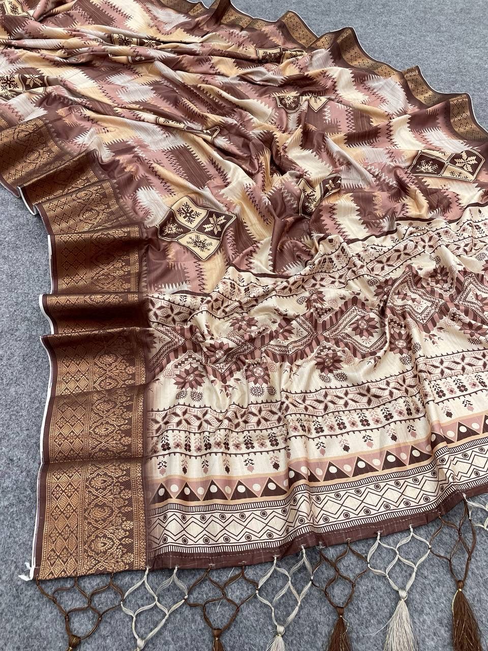 Demanding Copper Digital Printed Dola Silk Saree With Winsome Blouse Piece