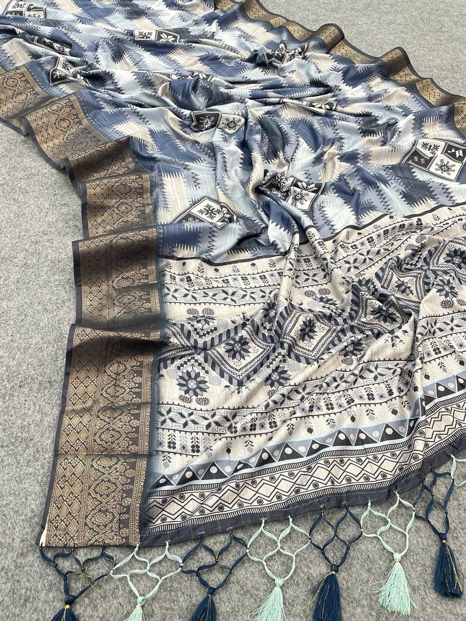 Sophisticated Grey Digital Printed Dola Silk Saree With Enthralling Blouse Piece