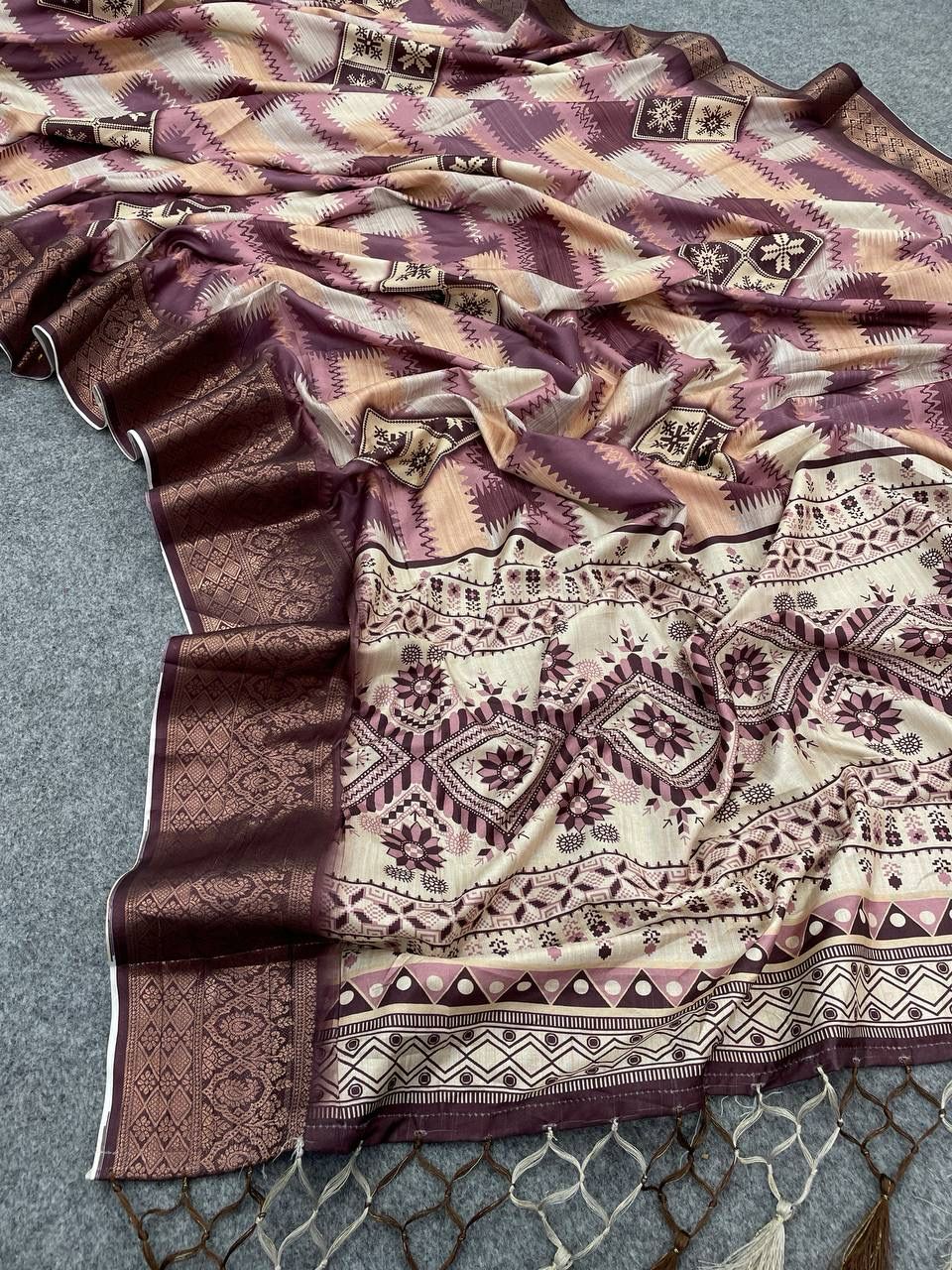 Precious Wine Digital Printed Dola Silk Saree With Ephemeral Blouse Piece