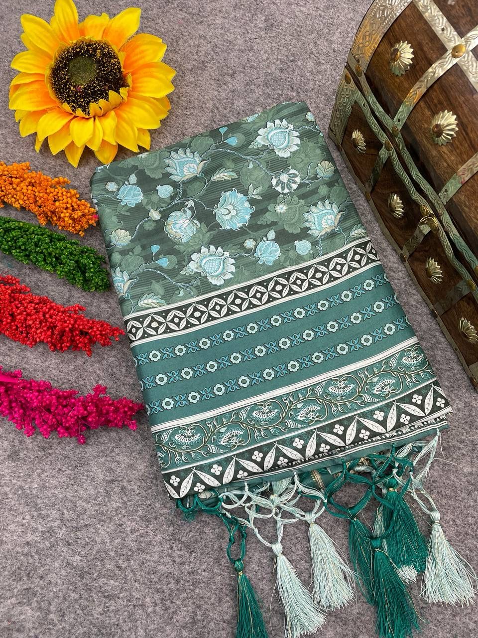 Amazing Rama Digital Printed Dola Silk Saree With Luminous Blouse Piece
