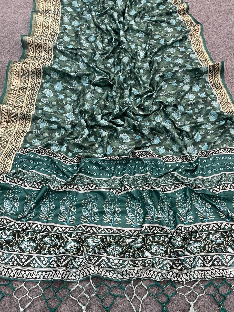 Amazing Rama Digital Printed Dola Silk Saree With Luminous Blouse Piece