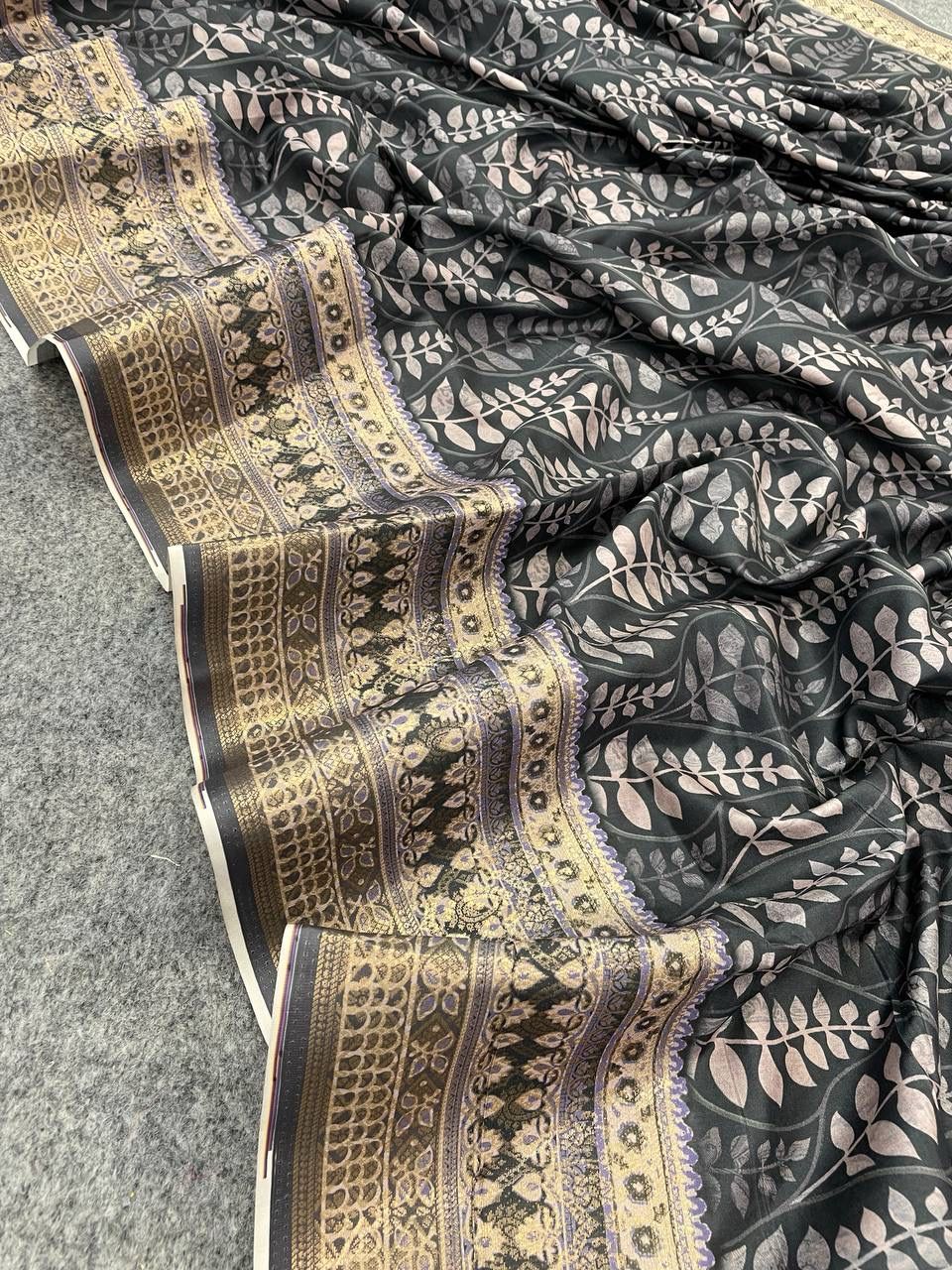 Trendy Grey Digital Printed Dola Silk Saree With Lustrous Blouse Piece