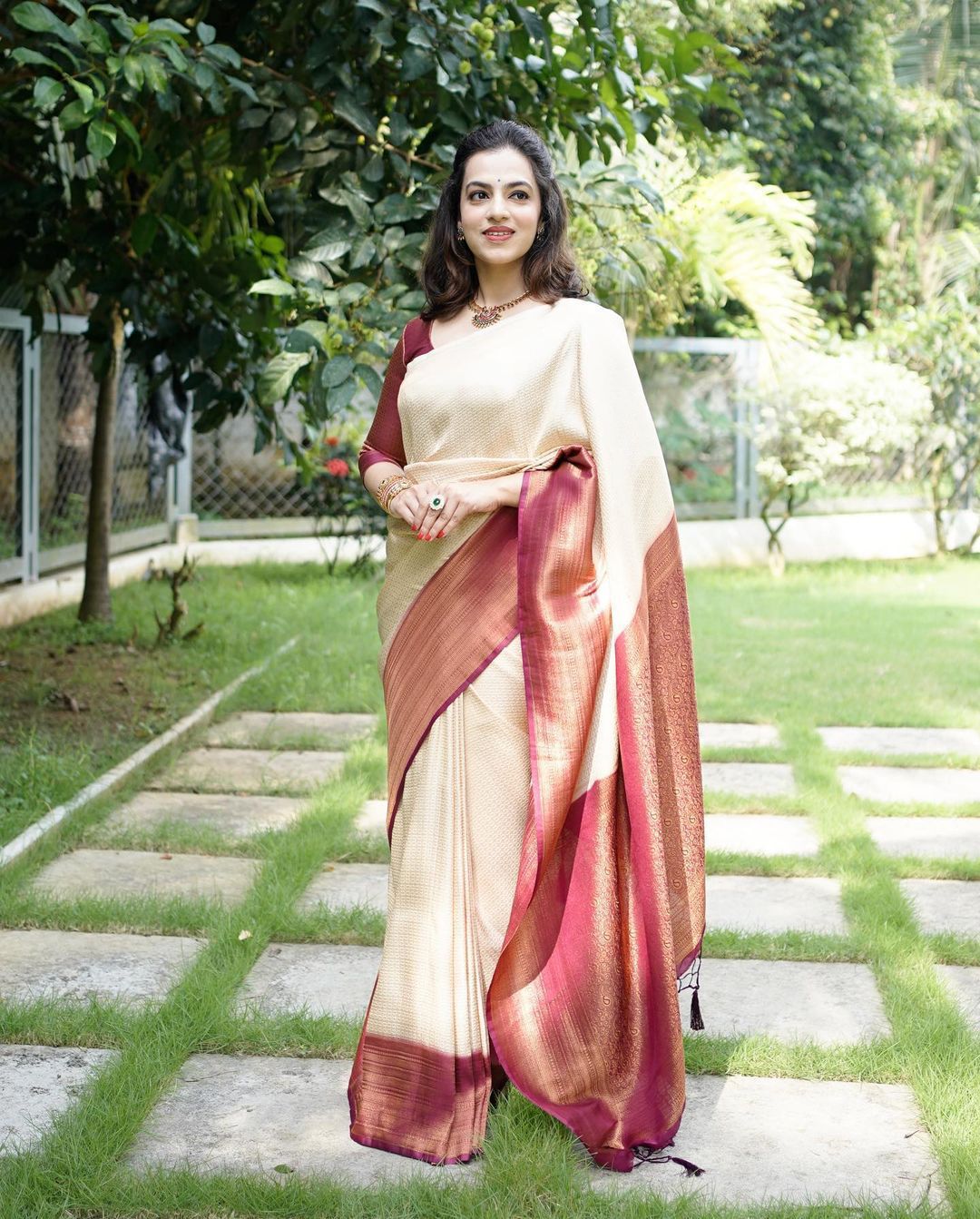 Murmurous Beige Soft Banarasi Silk Saree With Nemesis Blouse Piece