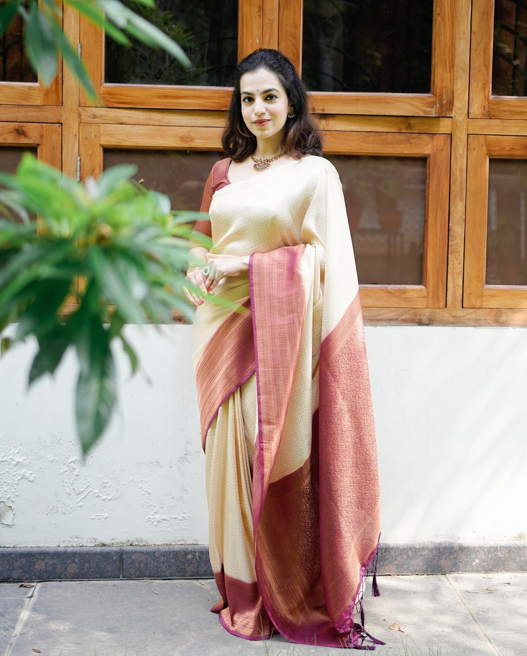 Murmurous Beige Soft Banarasi Silk Saree With Nemesis Blouse Piece