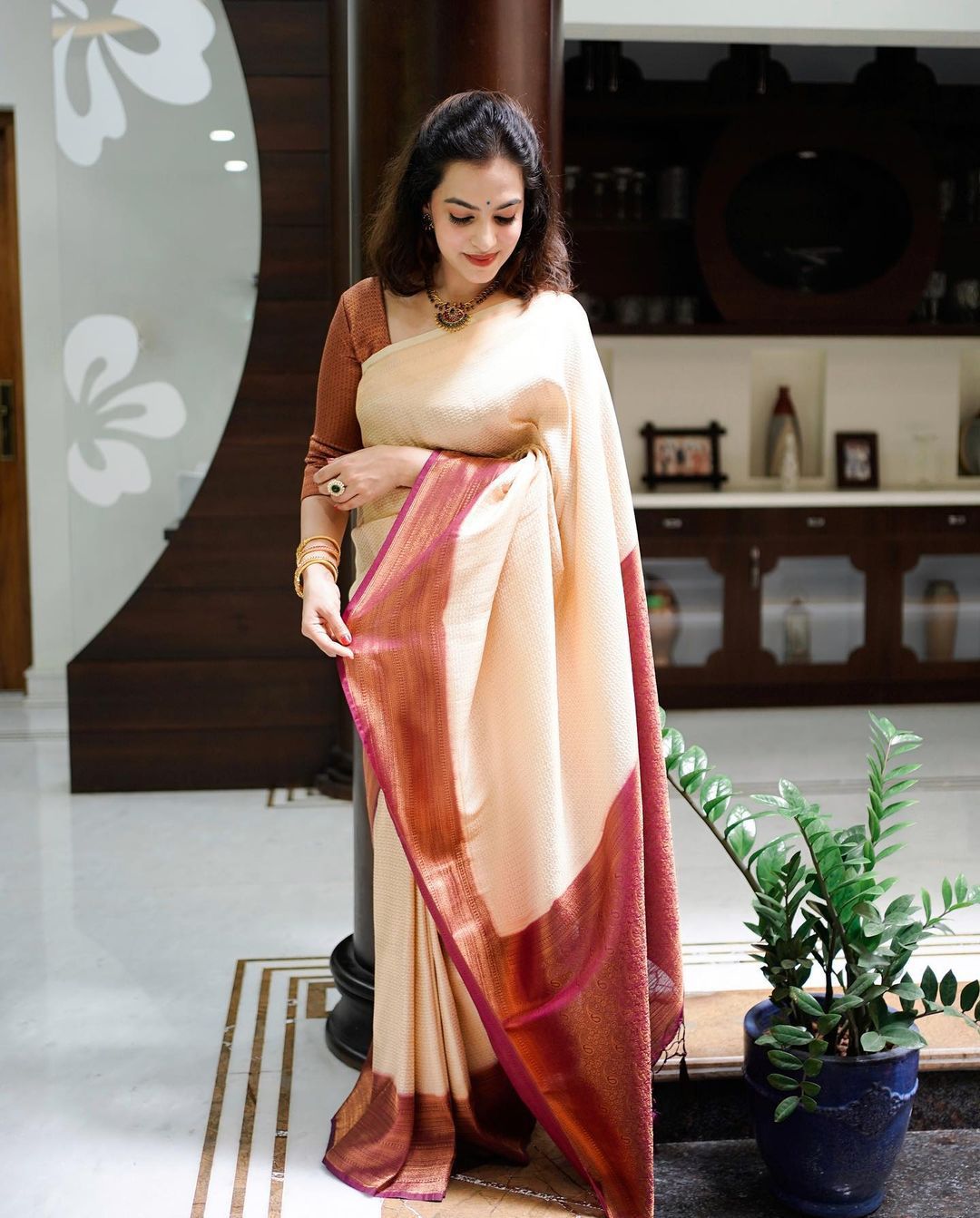 Murmurous Beige Soft Banarasi Silk Saree With Nemesis Blouse Piece