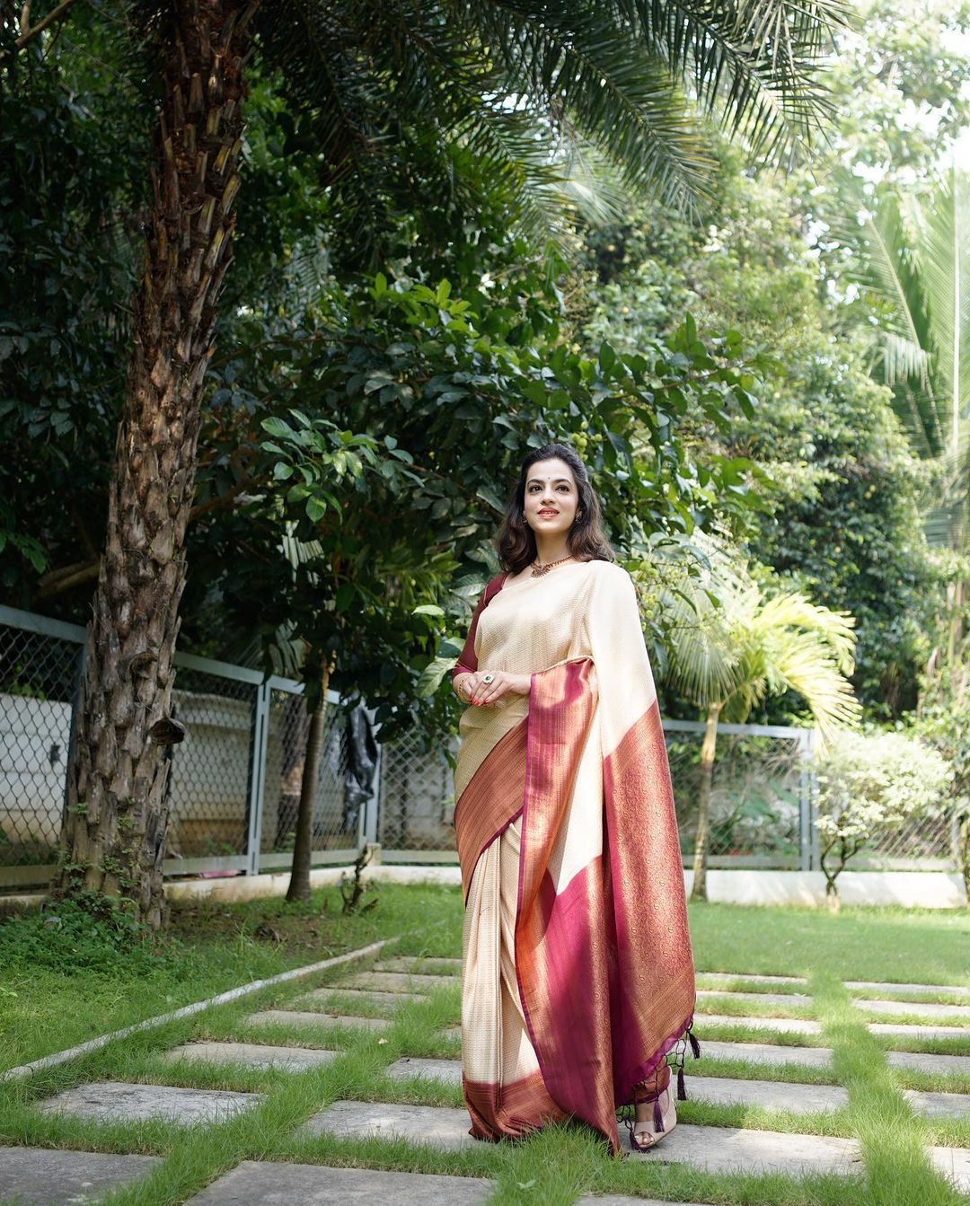 Murmurous Beige Soft Banarasi Silk Saree With Nemesis Blouse Piece