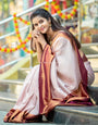 Stunning Beige Soft Kanjivaram Silk Saree With Innovative Blouse Piece