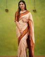 Elision Beige Soft Banarasi Silk Saree With Eloquence Blouse Piece