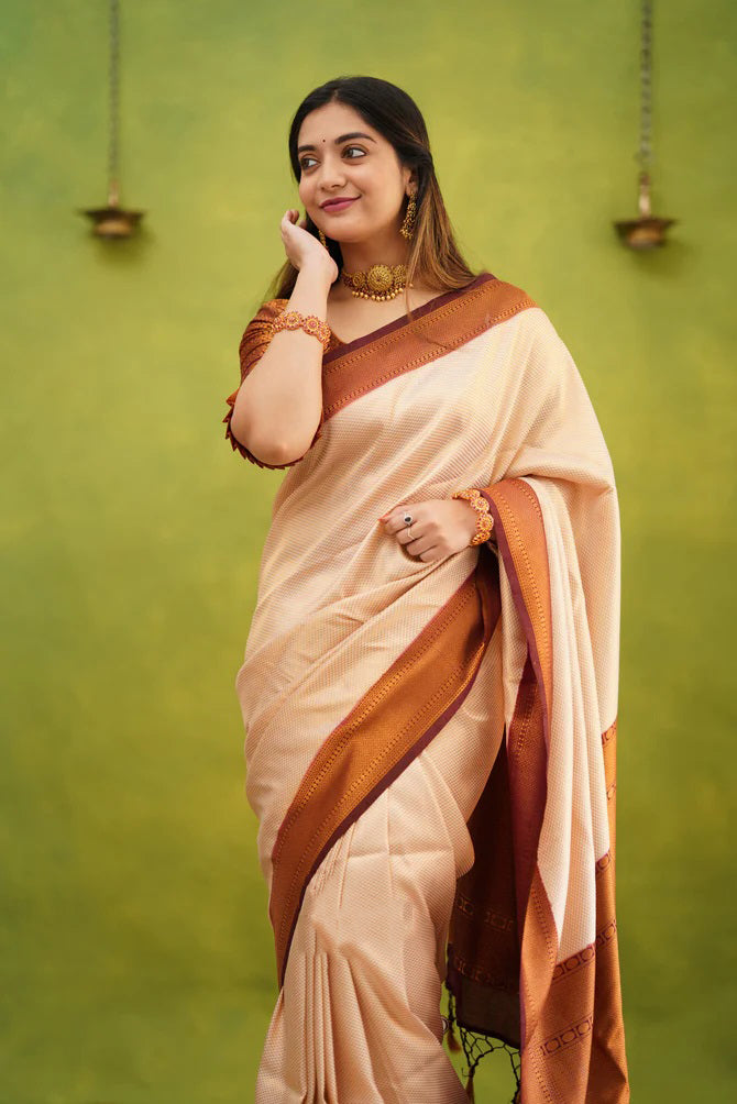 Elision Beige Soft Banarasi Silk Saree With Eloquence Blouse Piece