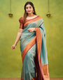 Embrocation Firozi Soft Banarasi Silk Saree With Ephemeral Blouse Piece