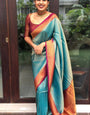 Stunning Firozi Soft Banarasi Silk Saree With Innovative Blouse Piece