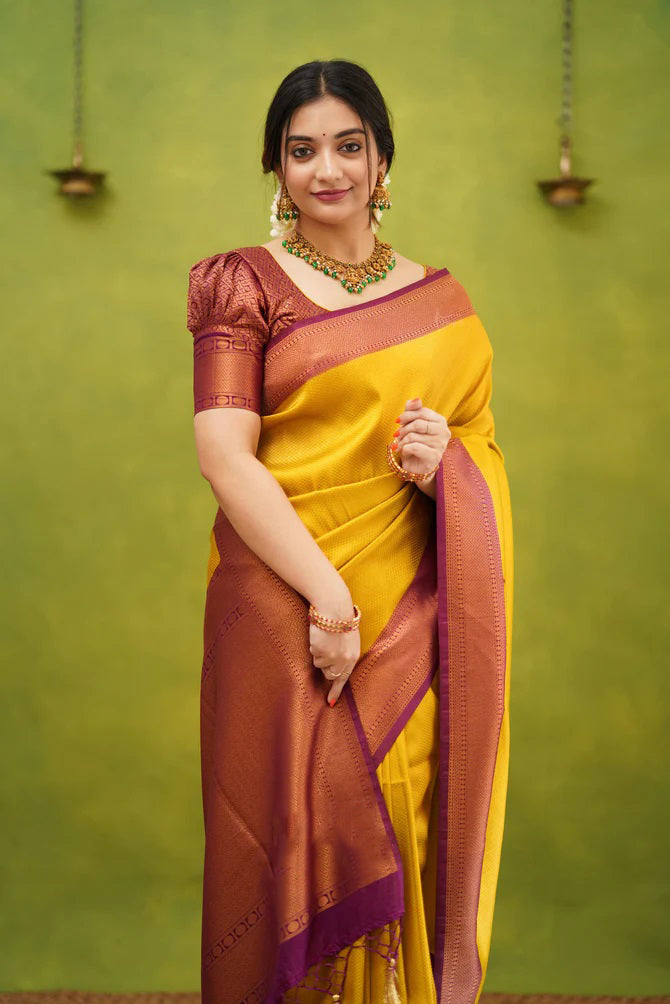 Demesne Golden Soft Kanjivaram Silk Saree With Desuetude Blouse Piece