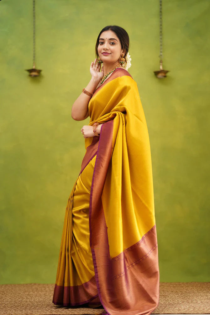 Demesne Golden Soft Kanjivaram Silk Saree With Desuetude Blouse Piece