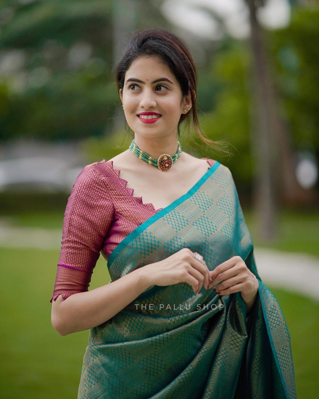 Conflate Rama Soft Silk Saree with Cynosure Blouse Piece