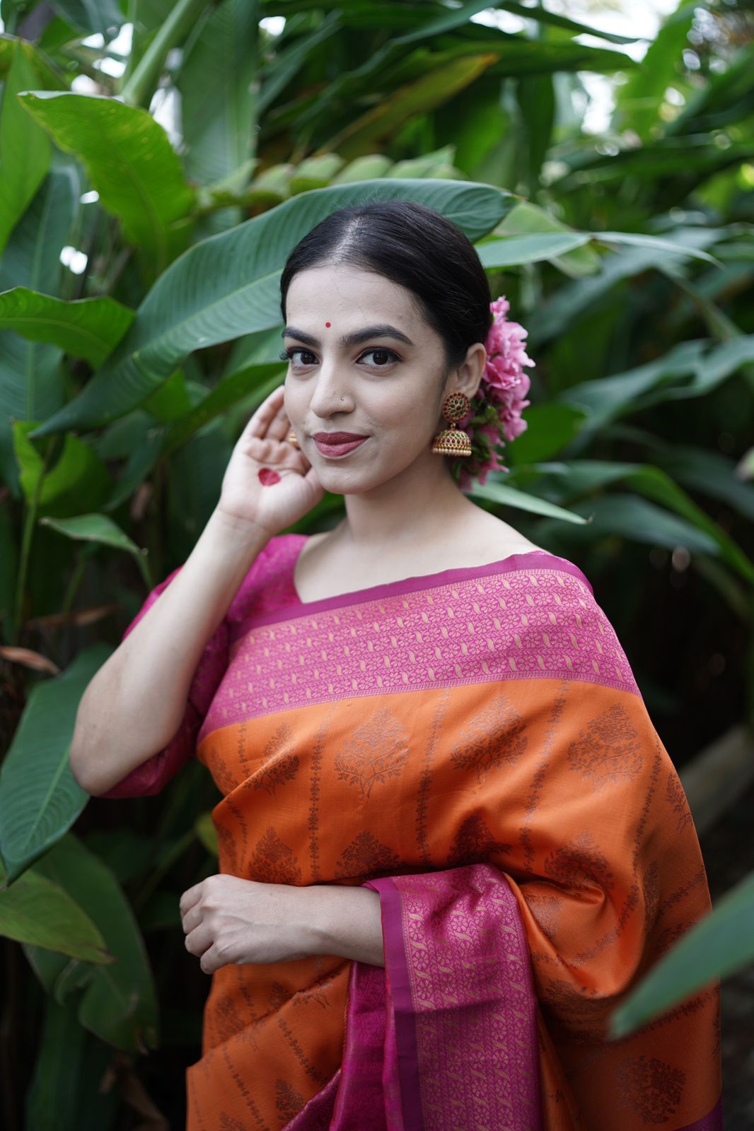 Divine Orange Soft Banarasi Silk Saree With Stunner Blouse Piece