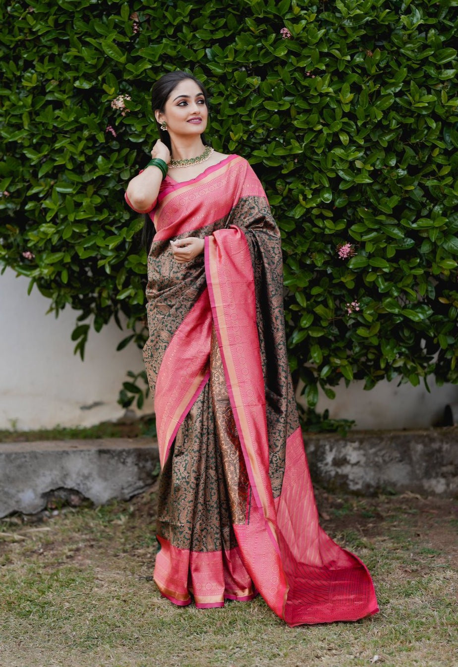 Fragrant Green Soft Banarasi Silk Saree With Artistic Blouse Piece