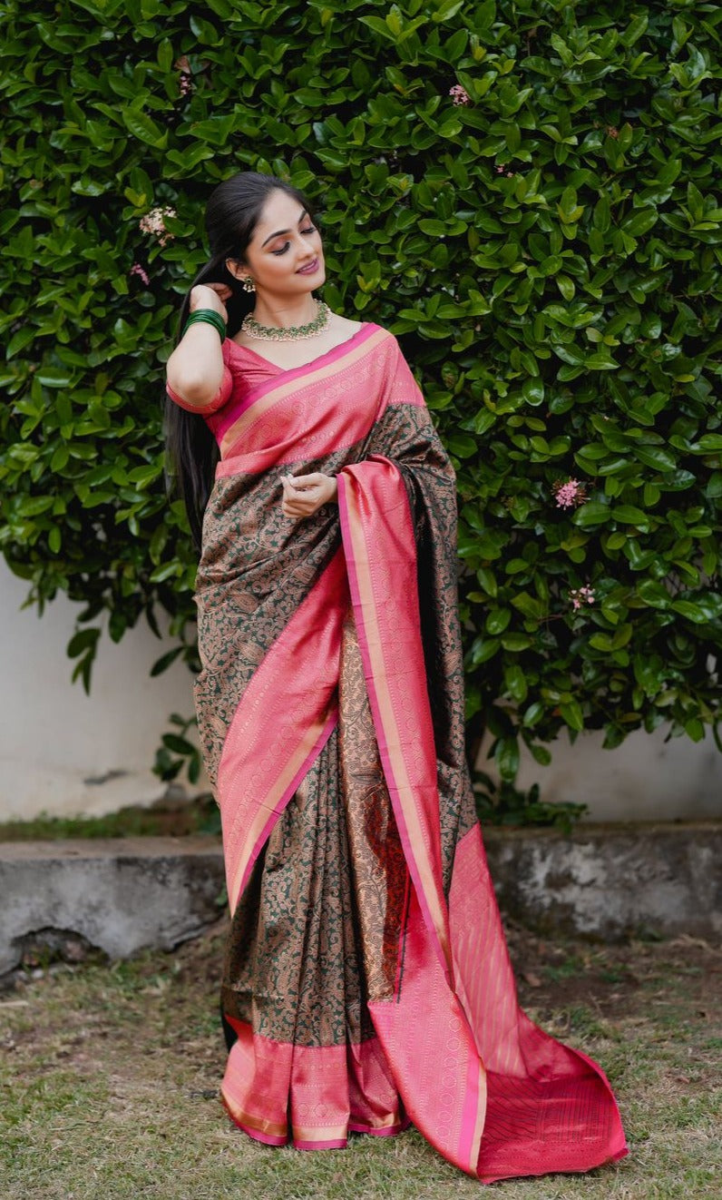 Fragrant Green Soft Banarasi Silk Saree With Artistic Blouse Piece