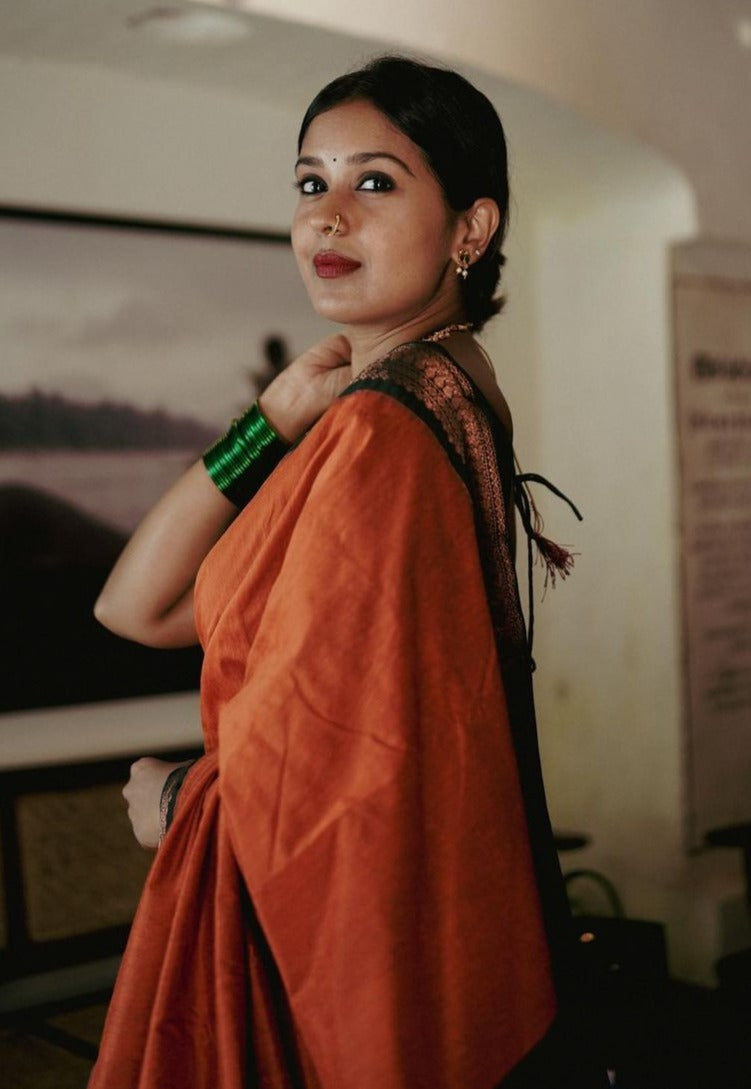 Prominent Orange Soft Banarasi Silk Saree With Flamboyant Blouse Piece