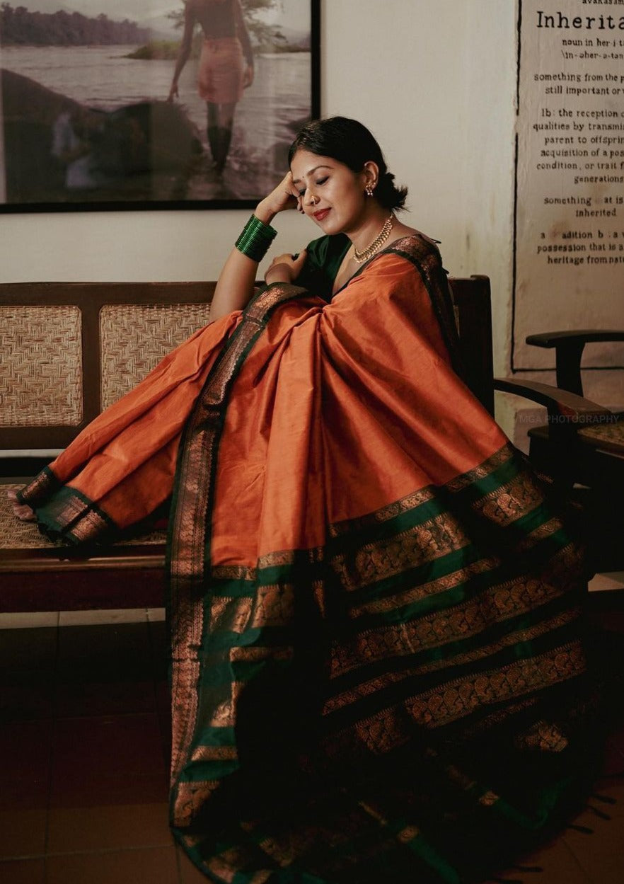 Prominent Orange Soft Banarasi Silk Saree With Flamboyant Blouse Piece