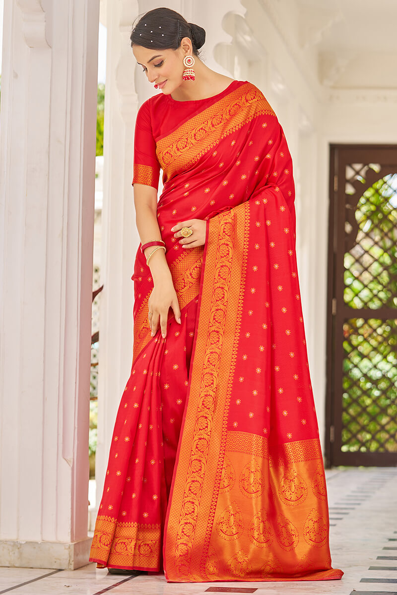 Trendy Red Kanjivaram Silk Saree With Demanding Blouse Piece