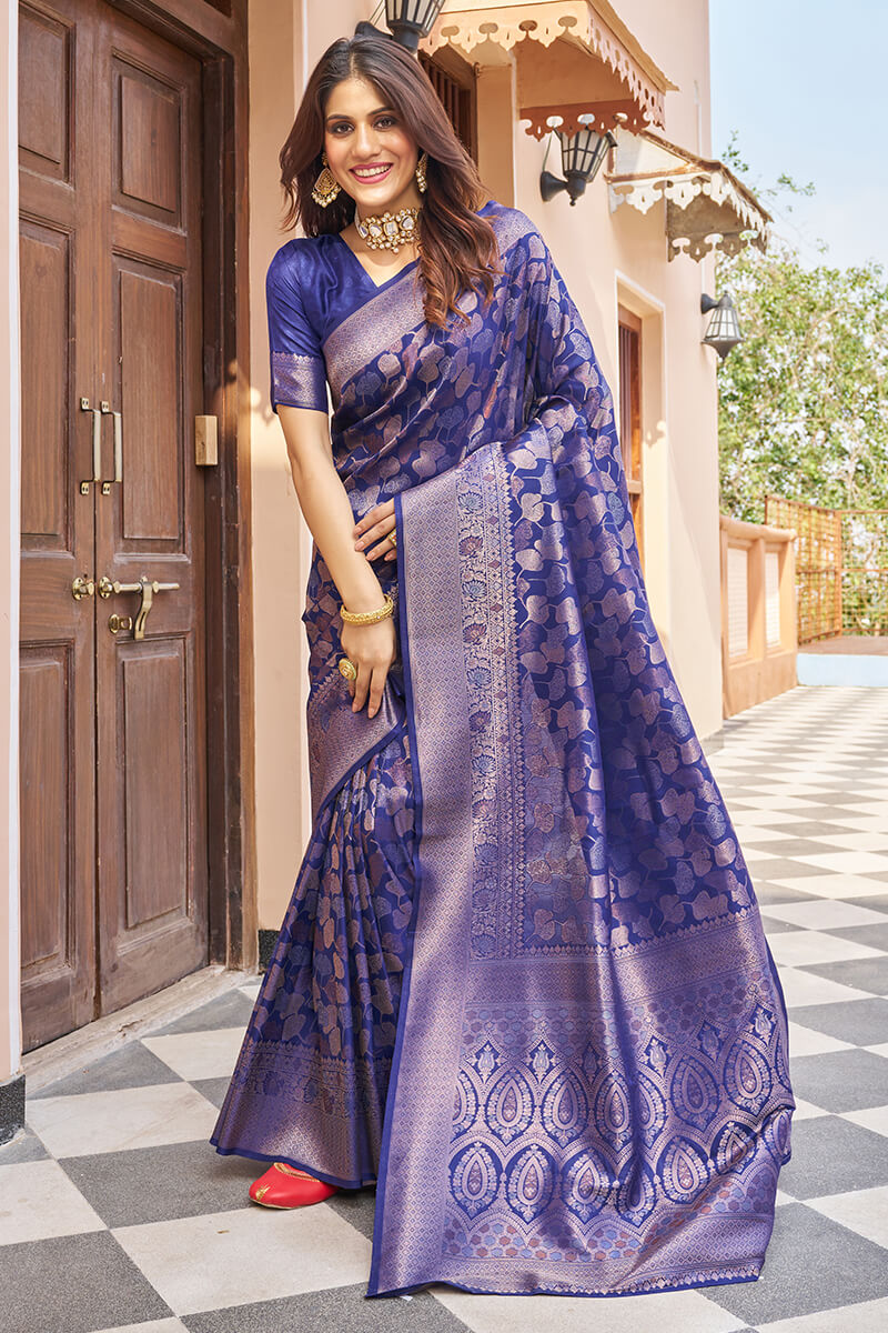 Elegant Navy Blue Kanjivaram Silk Saree With Chatoyant Blouse Piece