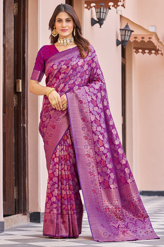Flattering Purple Kanjivaram Silk Saree With Desuetude Blouse Piece