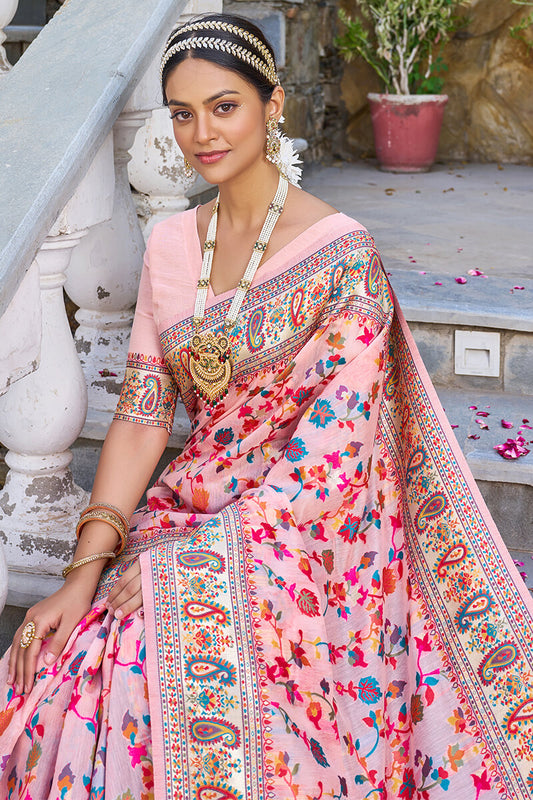 Sensational Baby Pink Pashmina saree With Lissome Blouse Piece