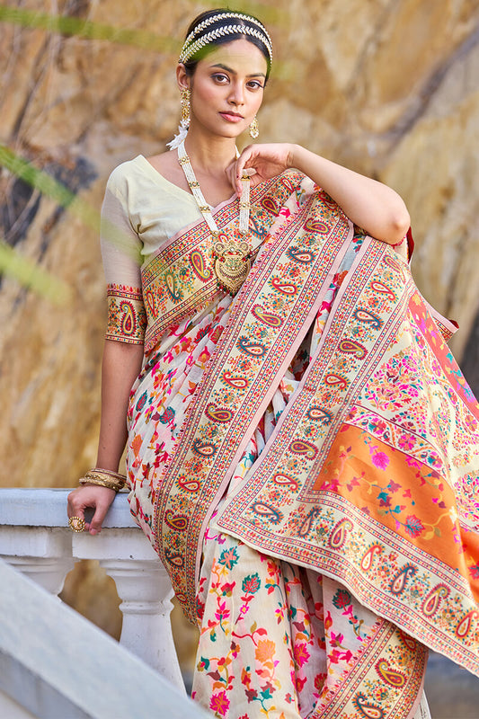 Mesmerising Beige Pashmina saree With Pleasurable Blouse Piece