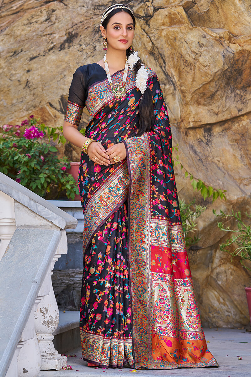 Stylish Black Pashmina saree With Scrumptious Blouse Piece