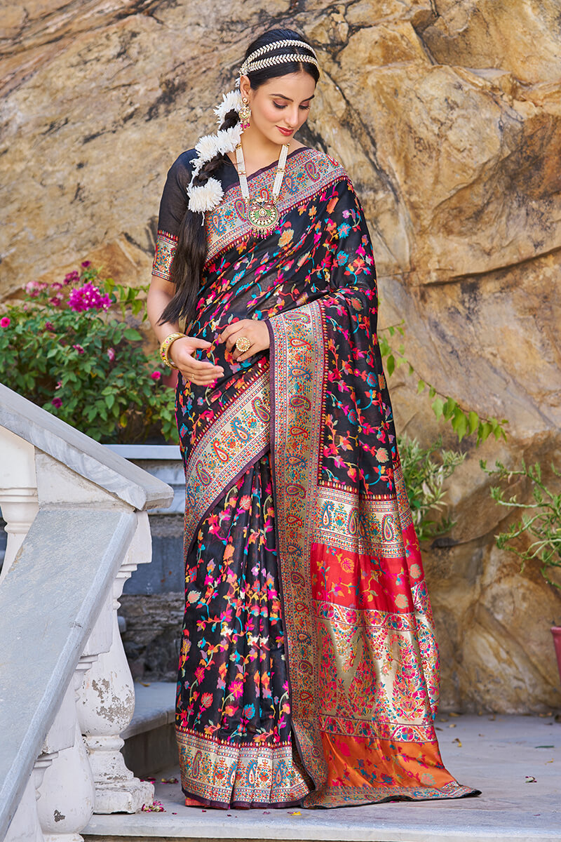 Stylish Black Pashmina saree With Scrumptious Blouse Piece