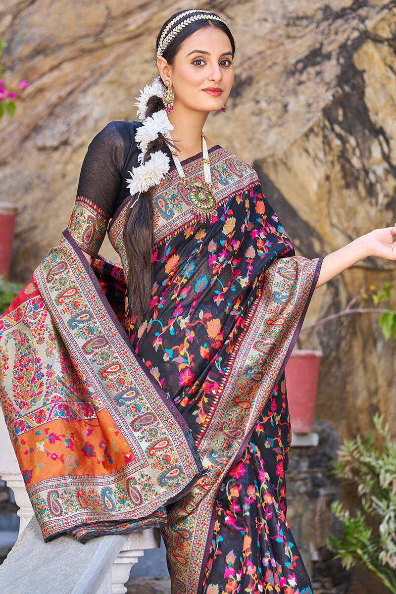 Stylish Black Pashmina saree With Scrumptious Blouse Piece