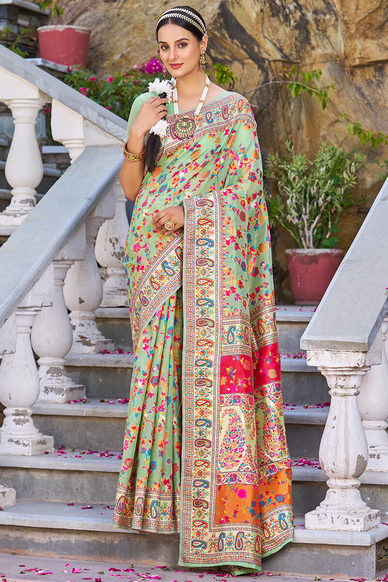 Staring Pista Pashmina saree With Efflorescence Blouse Piece