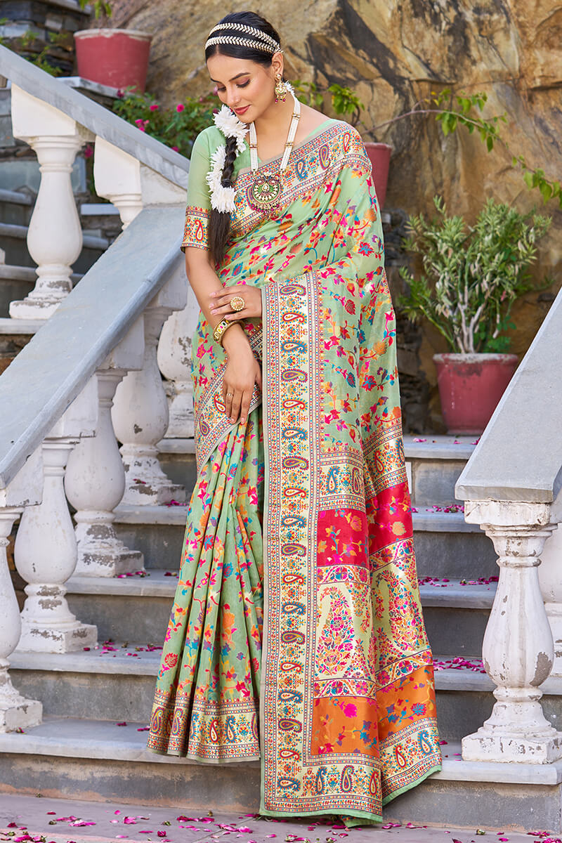 Staring Pista Pashmina saree With Efflorescence Blouse Piece