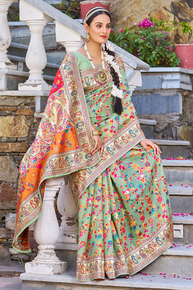 Staring Pista Pashmina saree With Efflorescence Blouse Piece