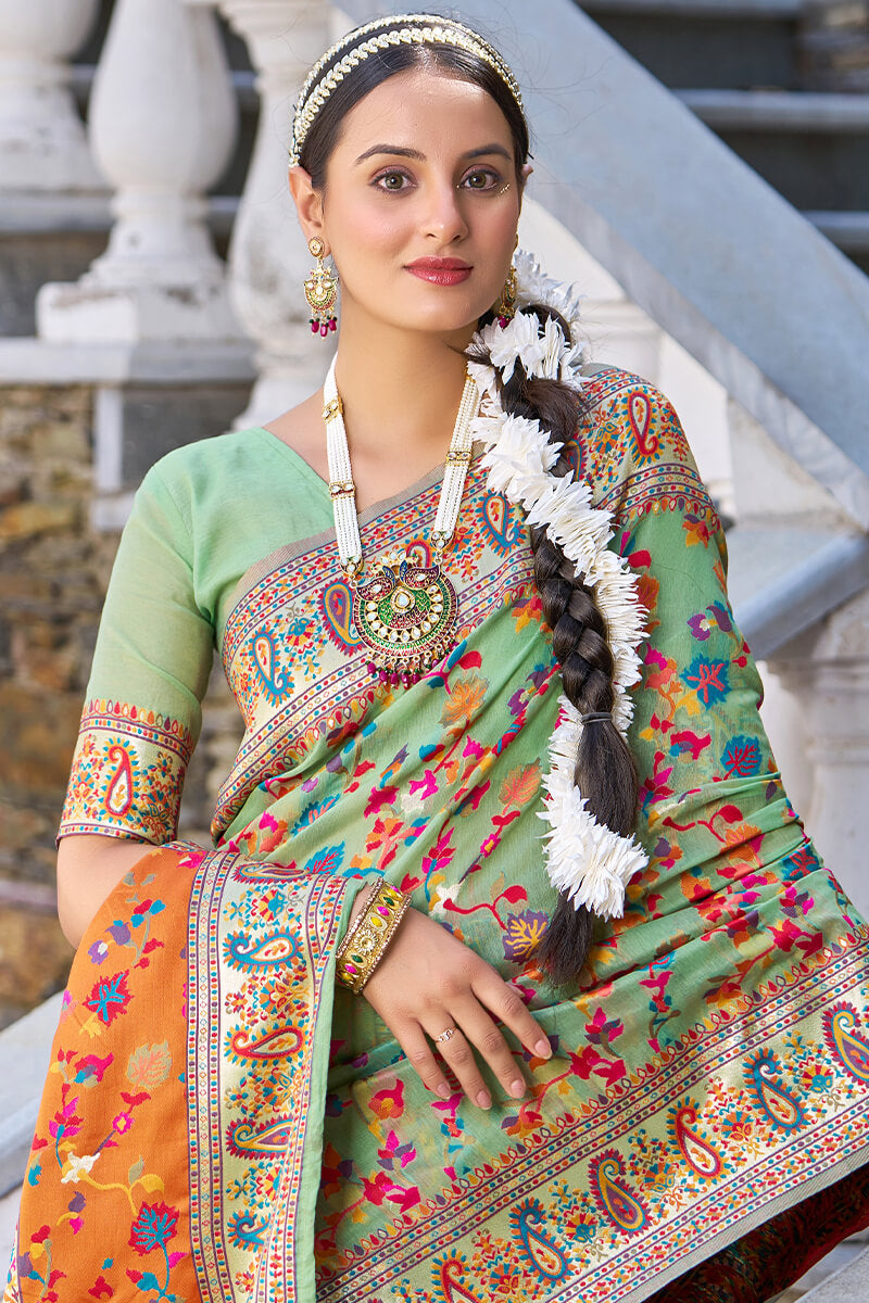 Staring Pista Pashmina saree With Efflorescence Blouse Piece