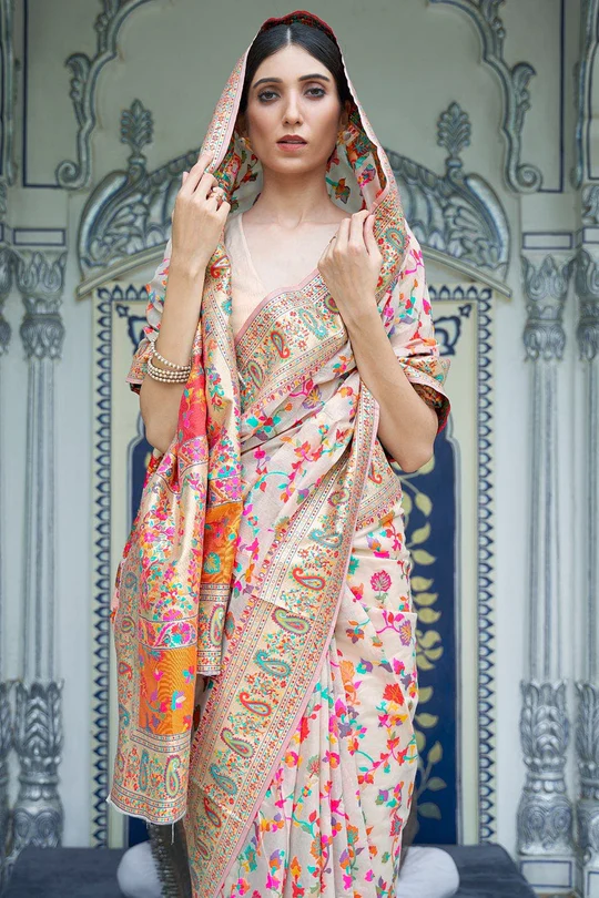 Gratifying Beige Pashmina saree With Panoply Blouse Piece