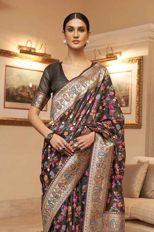 Elaborate Black Pashmina saree With Transcendent Blouse Piece