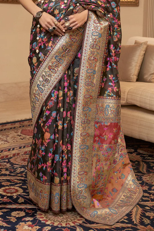 Elaborate Black Pashmina saree With Transcendent Blouse Piece