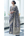 Woebegone Flattering Blue Lucknowi Silk Saree With Entrancing Blouse Piece