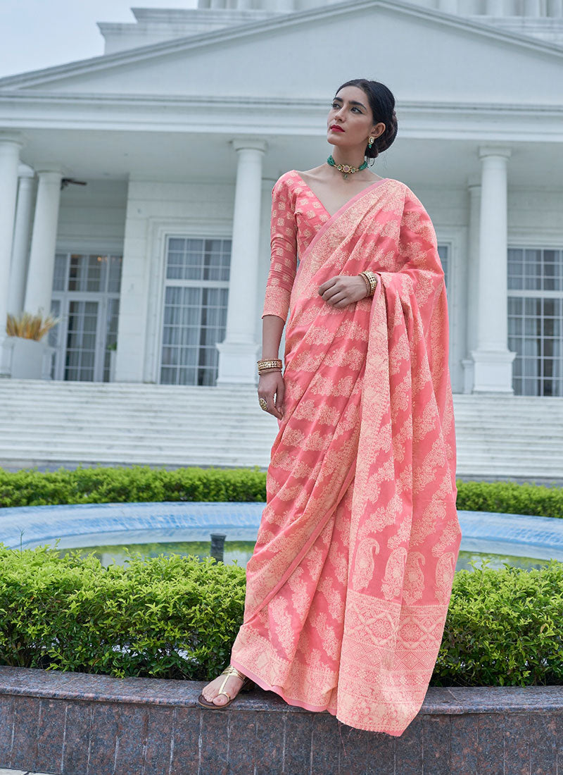 Unique Peach Lucknowi Silk Saree With Flameboyant Blouse Piece