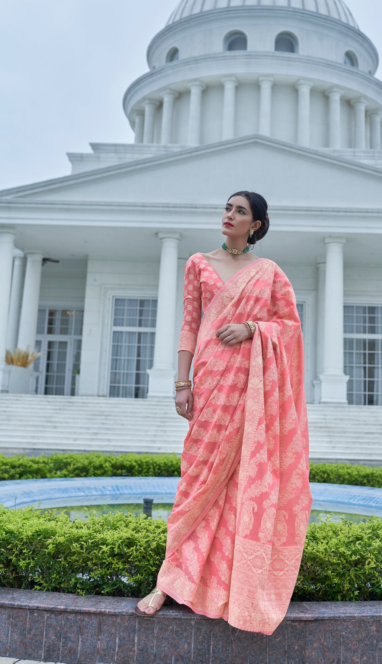 Unique Peach Lucknowi Silk Saree With Flameboyant Blouse Piece