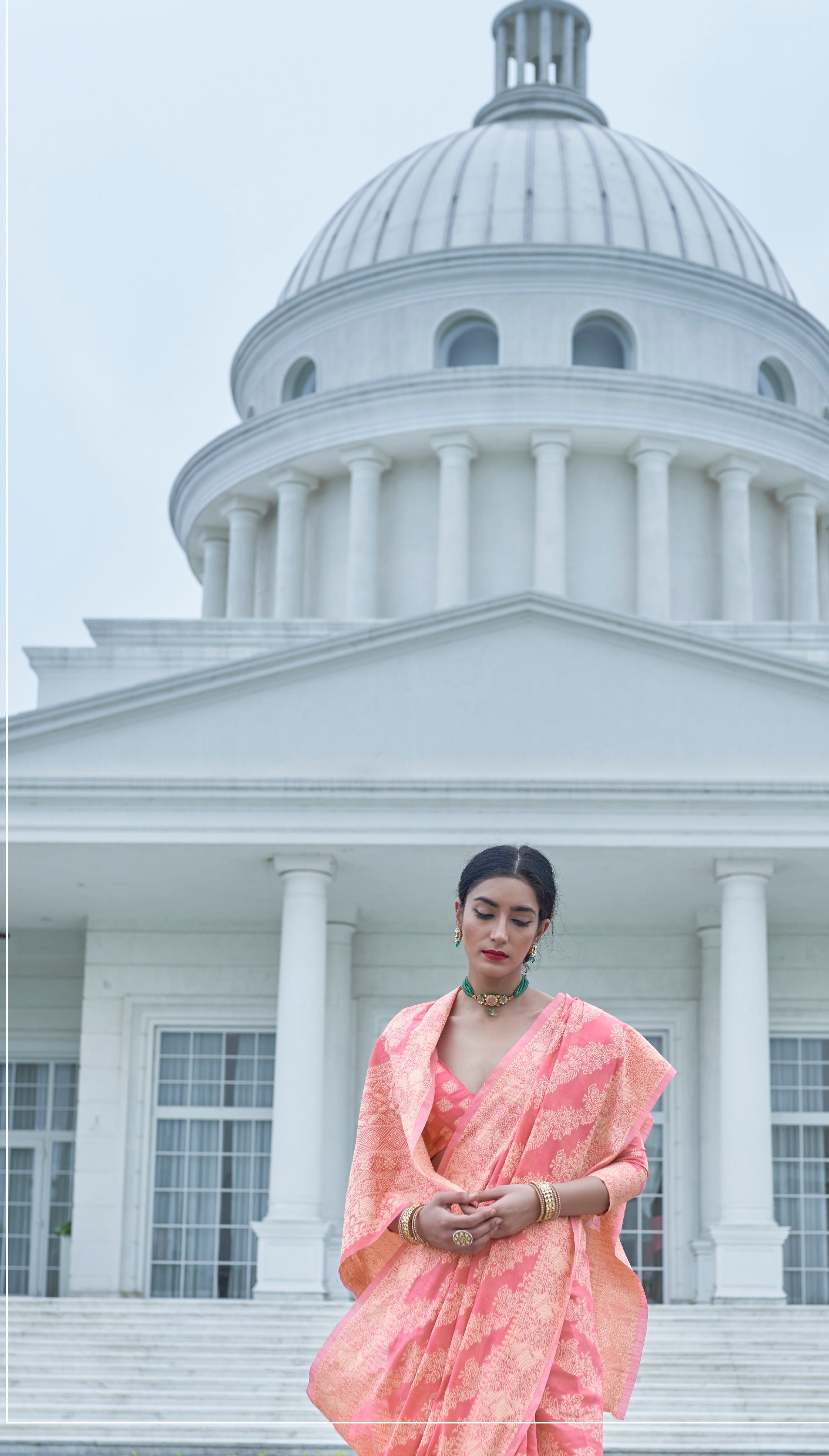 Unique Peach Lucknowi Silk Saree With Flameboyant Blouse Piece