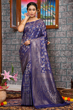 Breathtaking Navy Blue Kanjivaram Silk Saree With Adorable Blouse Piece
