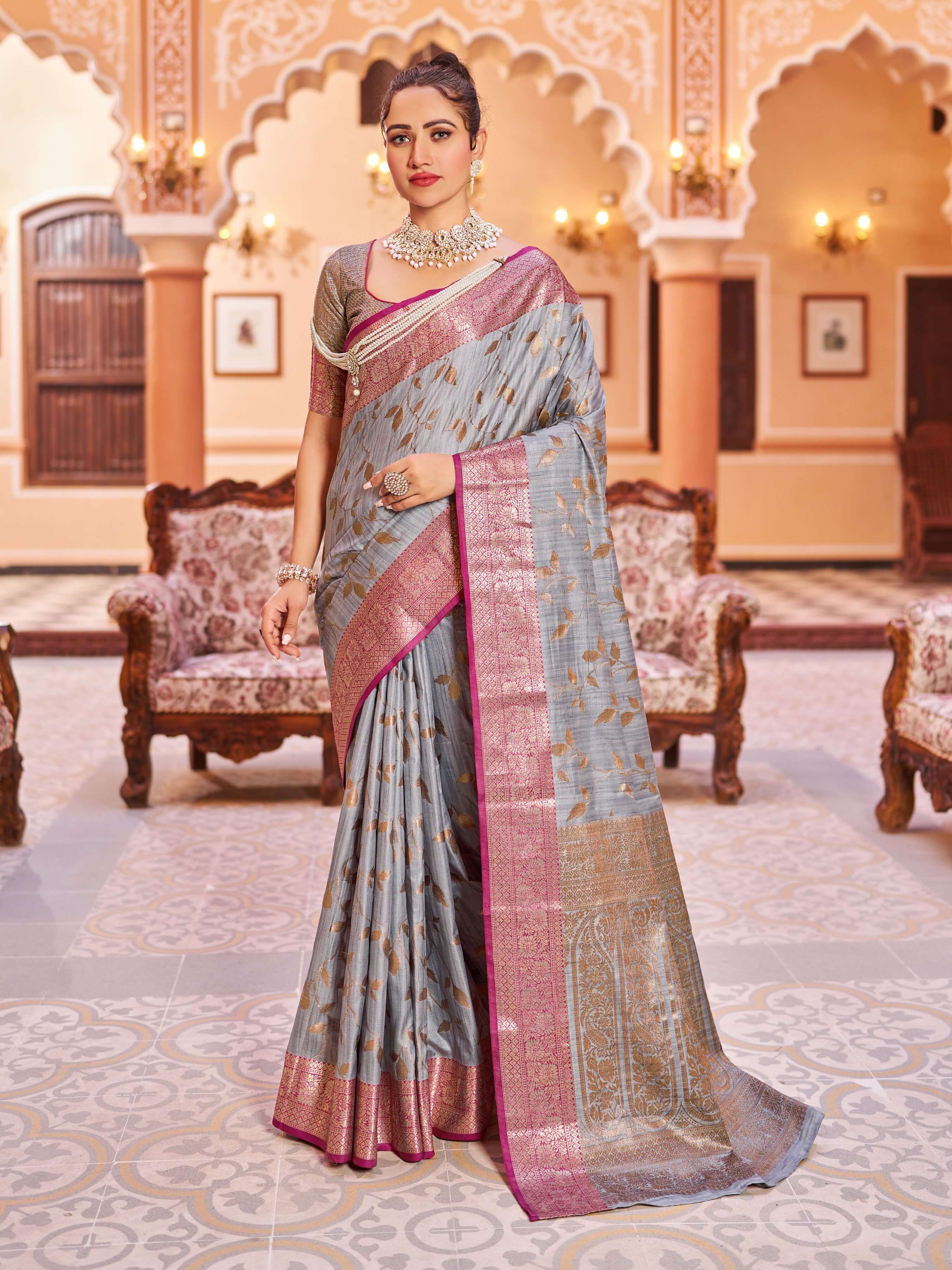 Pleasurable Grey Soft Banarasi Silk Saree With Surpassing Blouse Piece