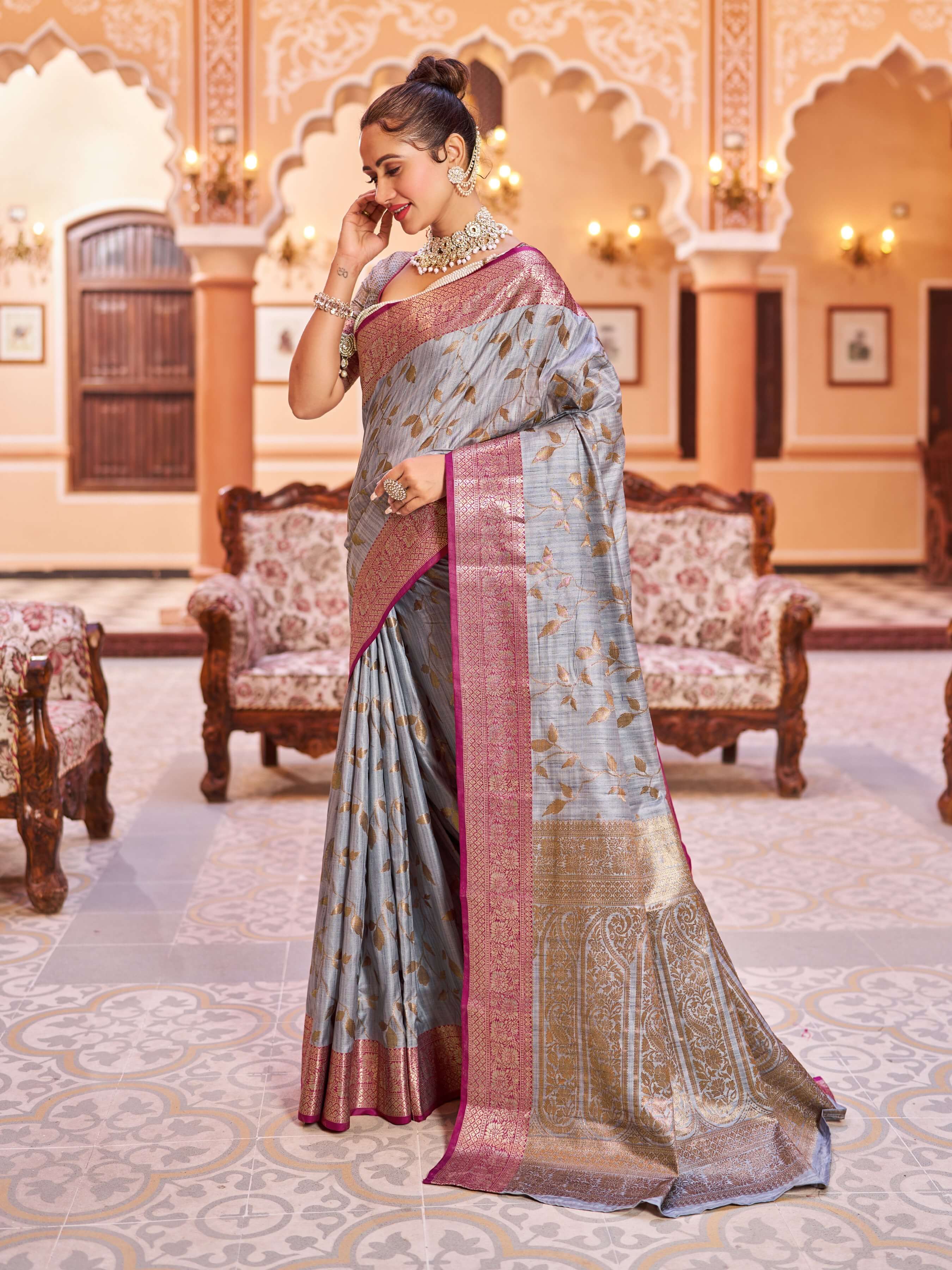 Pleasurable Grey Soft Banarasi Silk Saree With Surpassing Blouse Piece